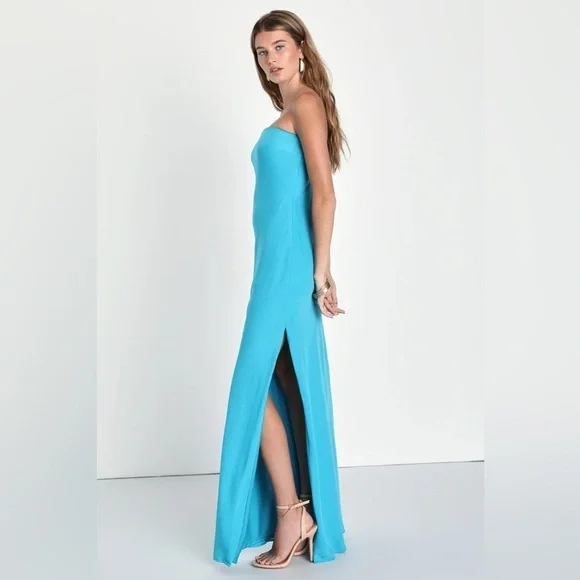 NWT Lulus Exquisite Excellence Turquoise Satin Strapless Maxi Dress - Picture 2 of 11
